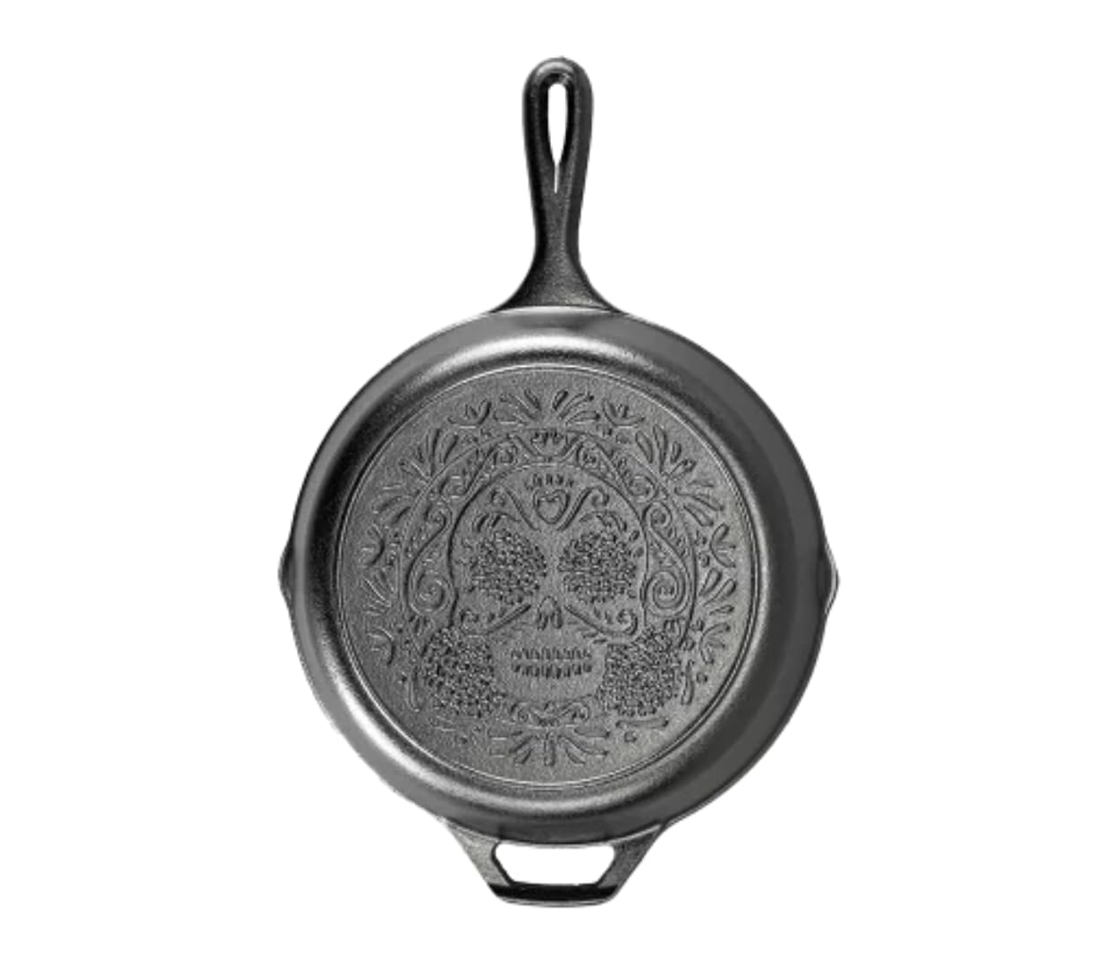 Lodge Sugar Skull skillet with signature teardrop handle for versatile cooking.
