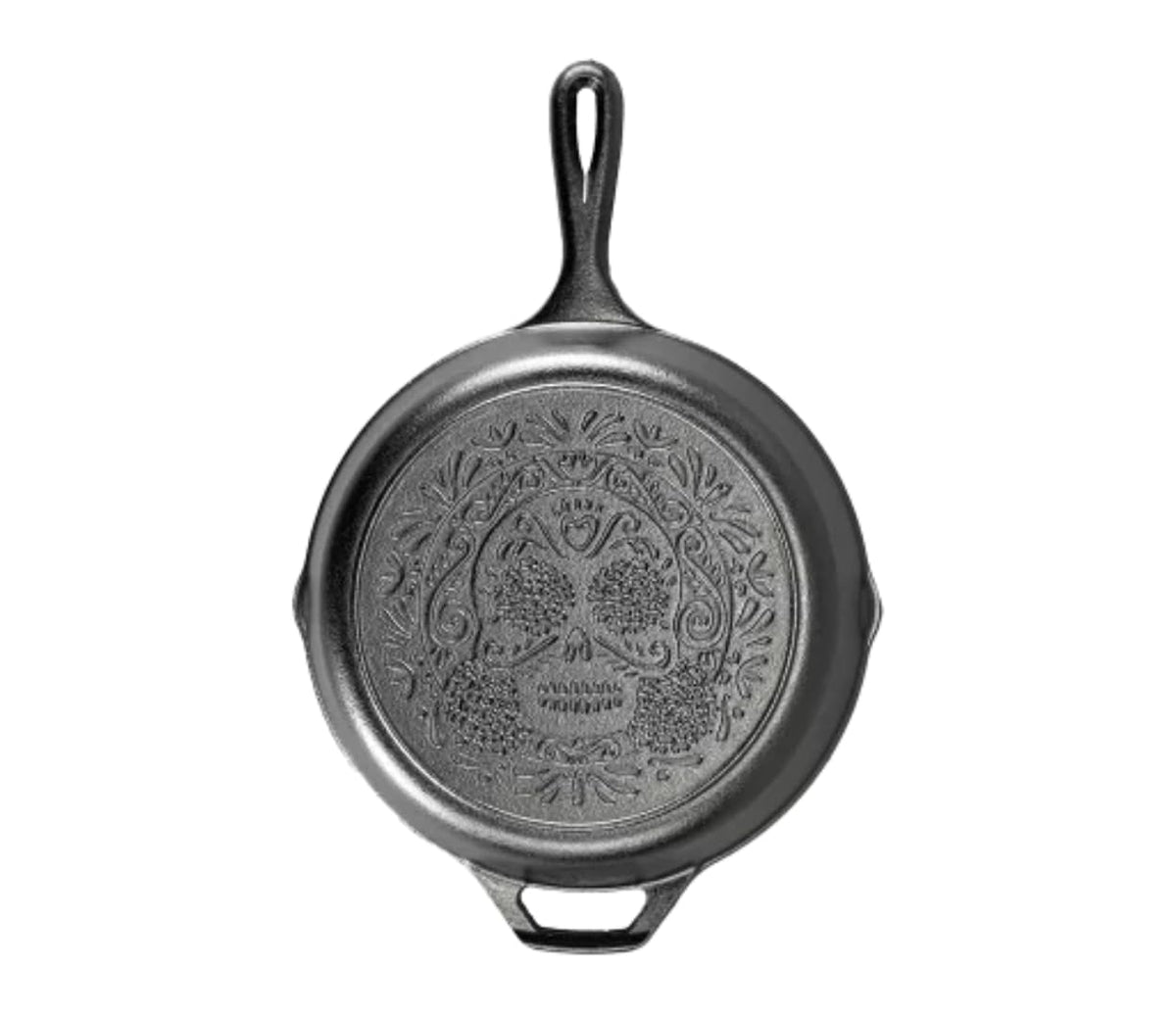 Lodge Sugar Skull skillet with signature teardrop handle for versatile cooking.