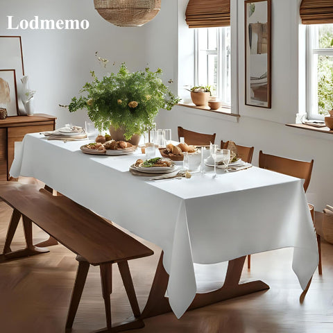 Lodmemo 4-pack rectangular tablecloth showing wedding-ready drape and pristine white surface.