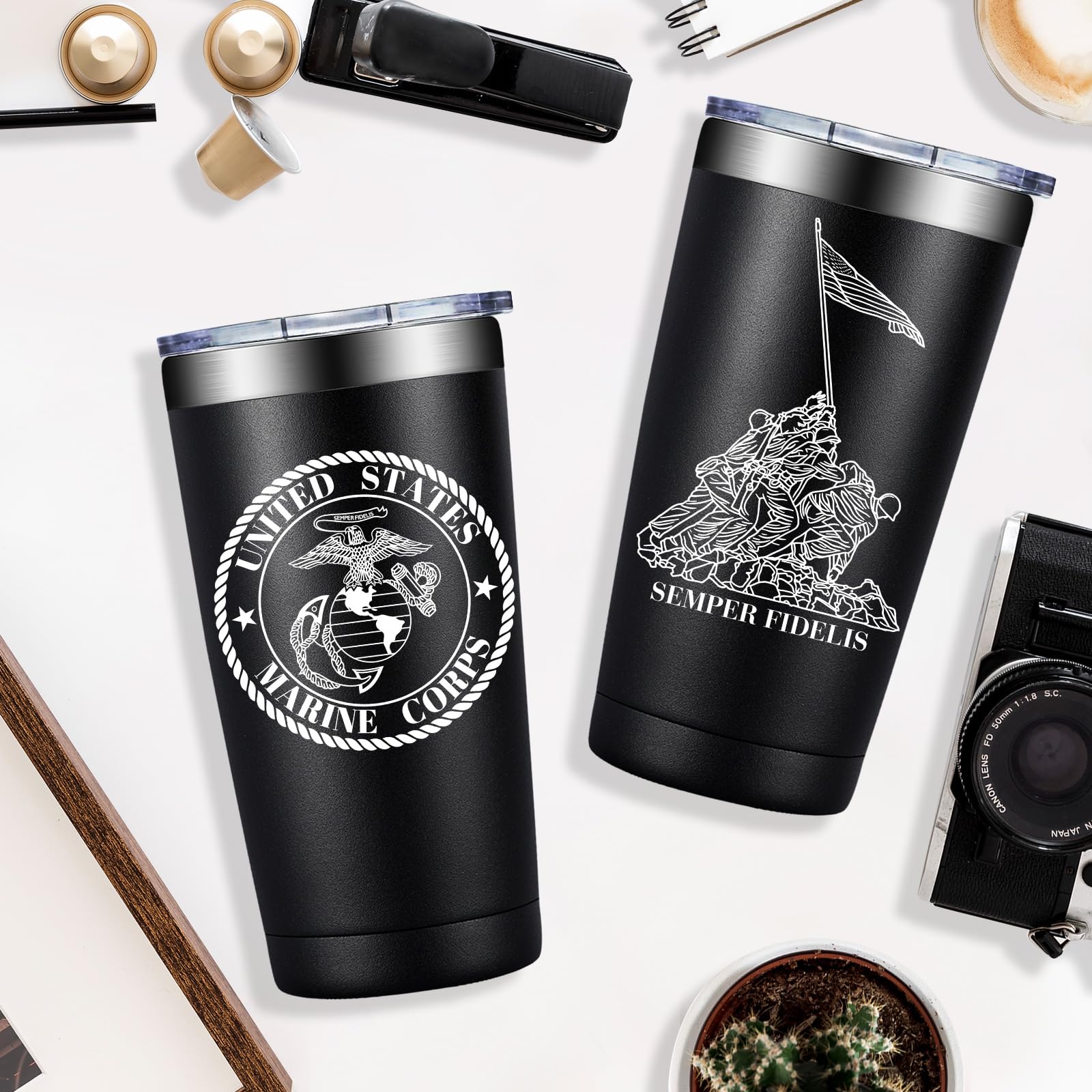 Loecuxe Marine Corps tumbler detailed stainless finish signals premium build.