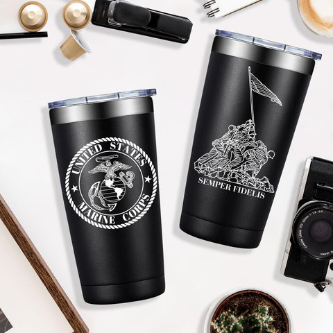 Loecuxe Marine Corps tumbler detailed stainless finish signals premium build.