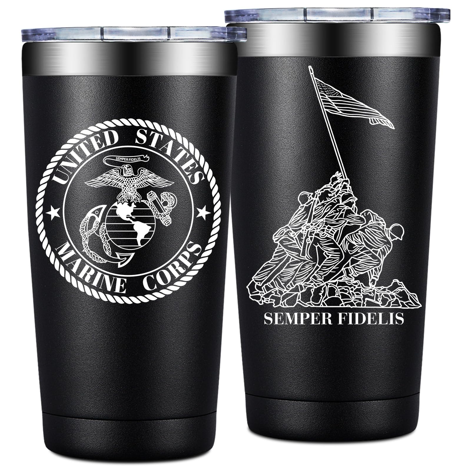 Loecuxe Marine Corps tumbler front view keeps beverages at optimal temperature on the go.