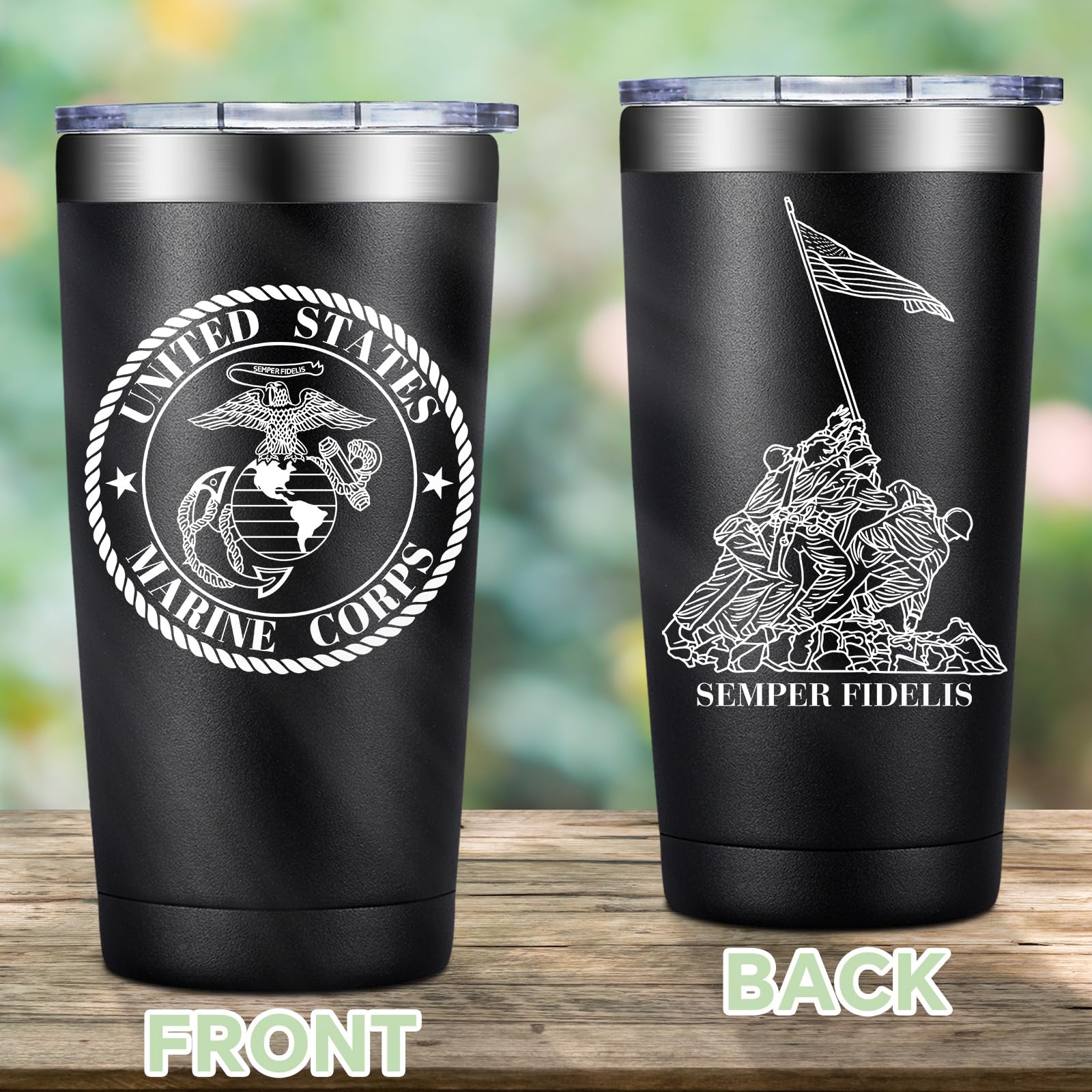 Loecuxe Marine Corps tumbler lid-closed view emphasizes secure seal for travel.