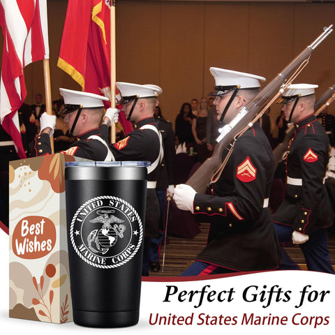 Loecuxe Marine Corps tumbler side view highlights durable stainless steel construction.