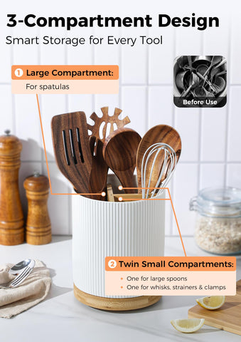 LoeJan ceramic utensil organizer with three compartments for tidy sorting.