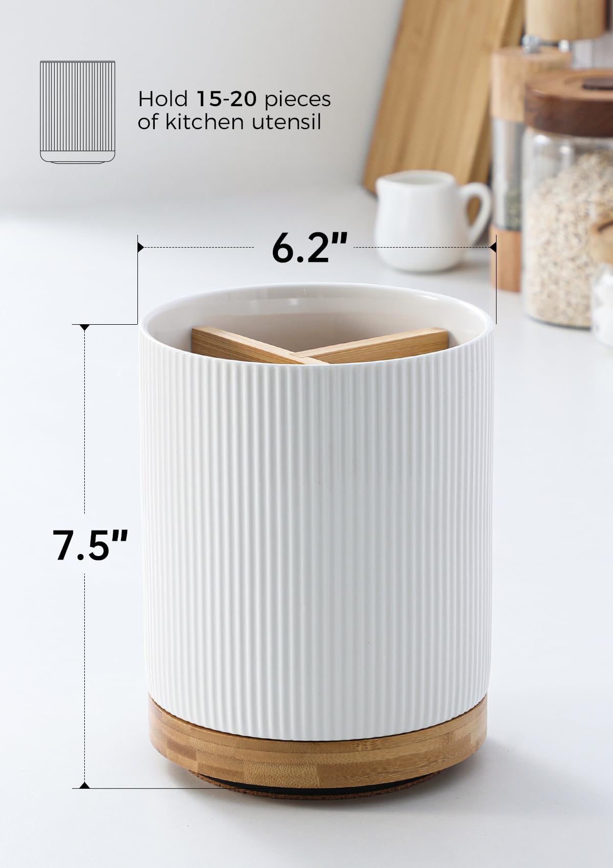 LoeJan extra-large ceramic crock holds cooking tools on the counter.