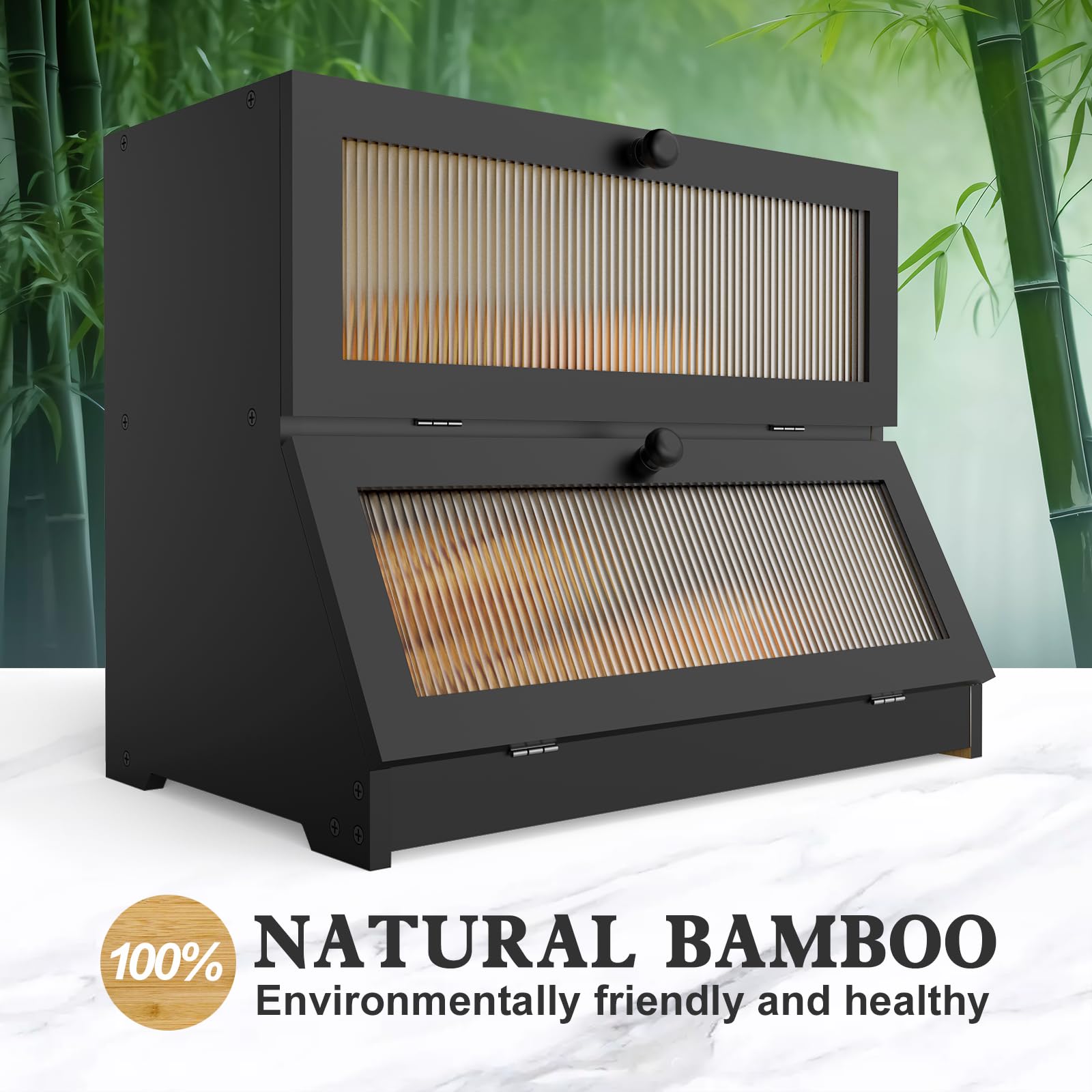 LOHASOK bamboo bread box open door interior view with two shelves