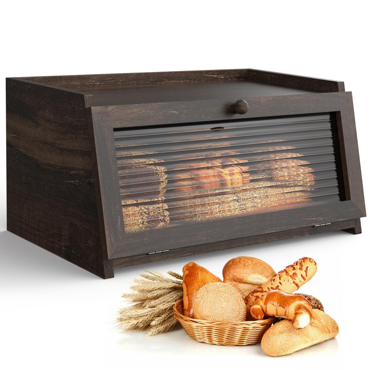 LOHASOK bread box front view on kitchen counter with window for freshness checks