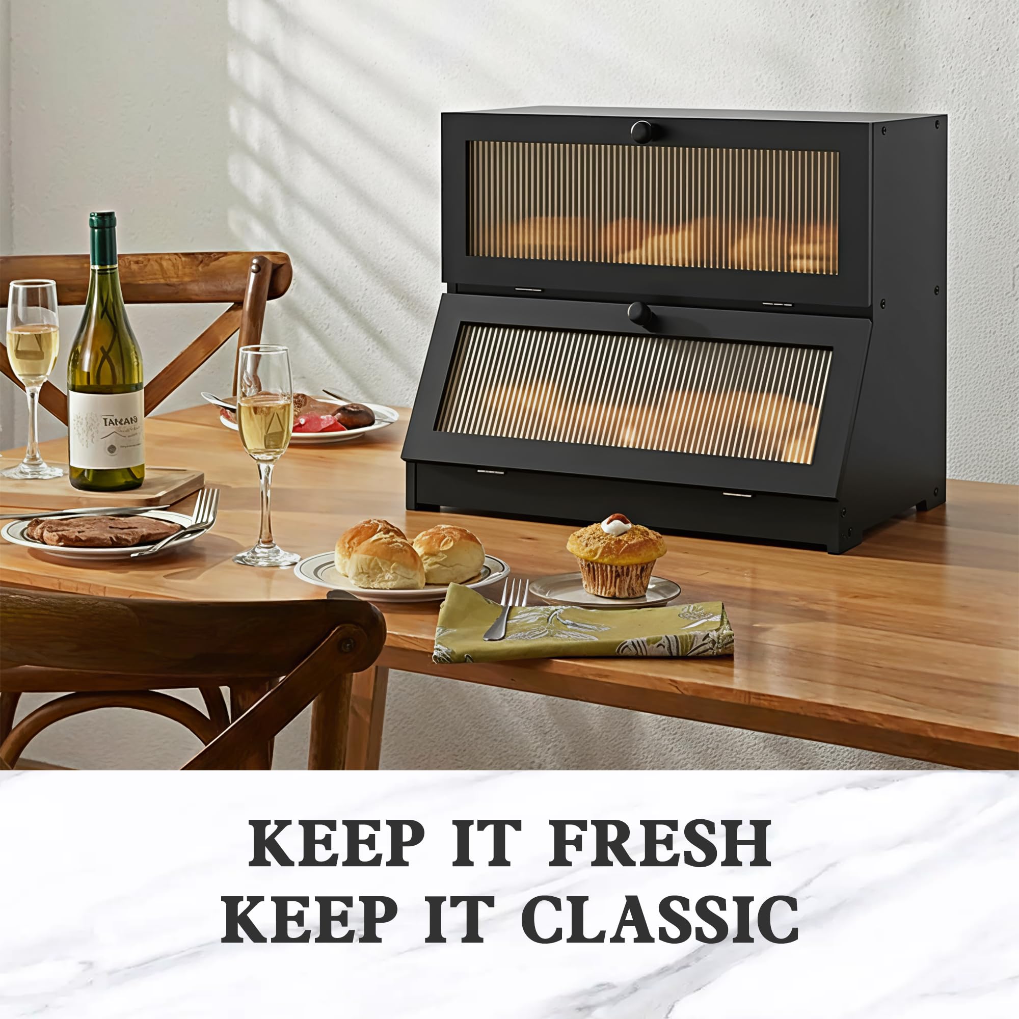 LOHASOK bamboo bread box side view highlighting ample two-tier storage capacity