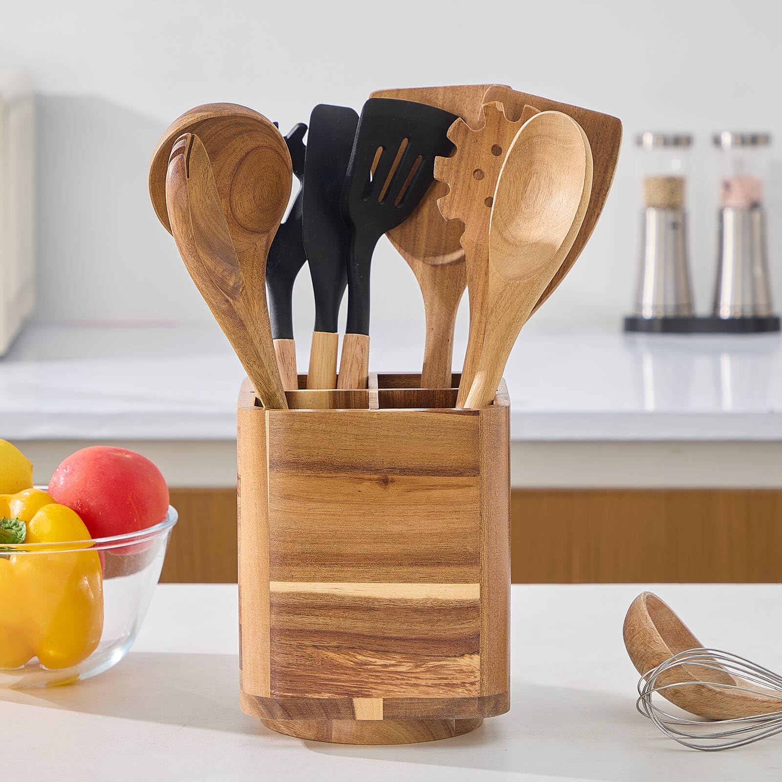LOHONER acacia wood crock showing large capacity for many utensils.