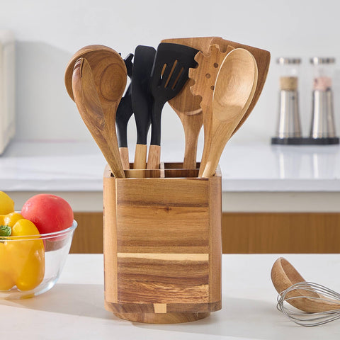 LOHONER acacia wood crock showing large capacity for many utensils.