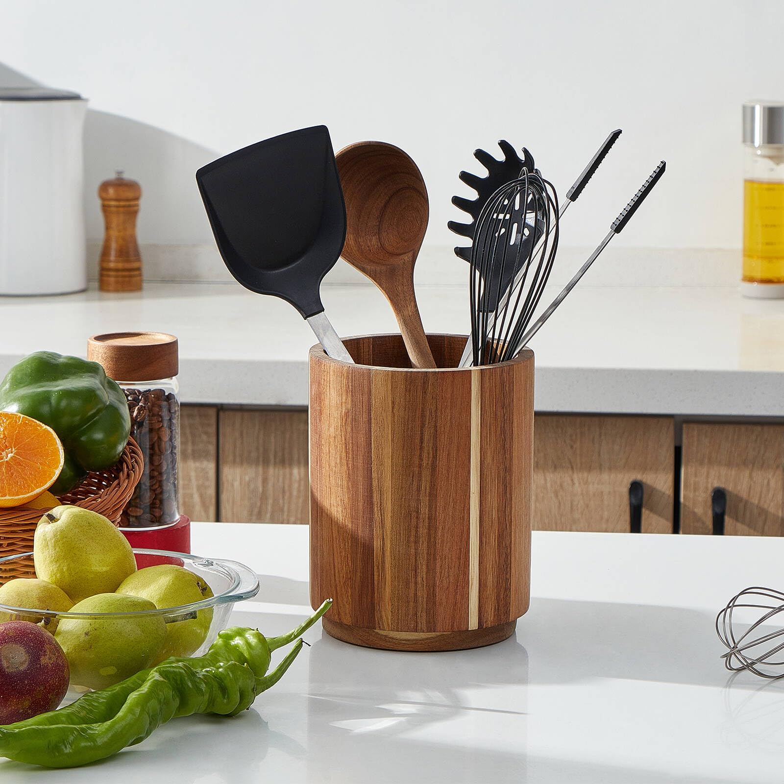 Natural rustic acacia wood finish complements farmhouse kitchens beautifully