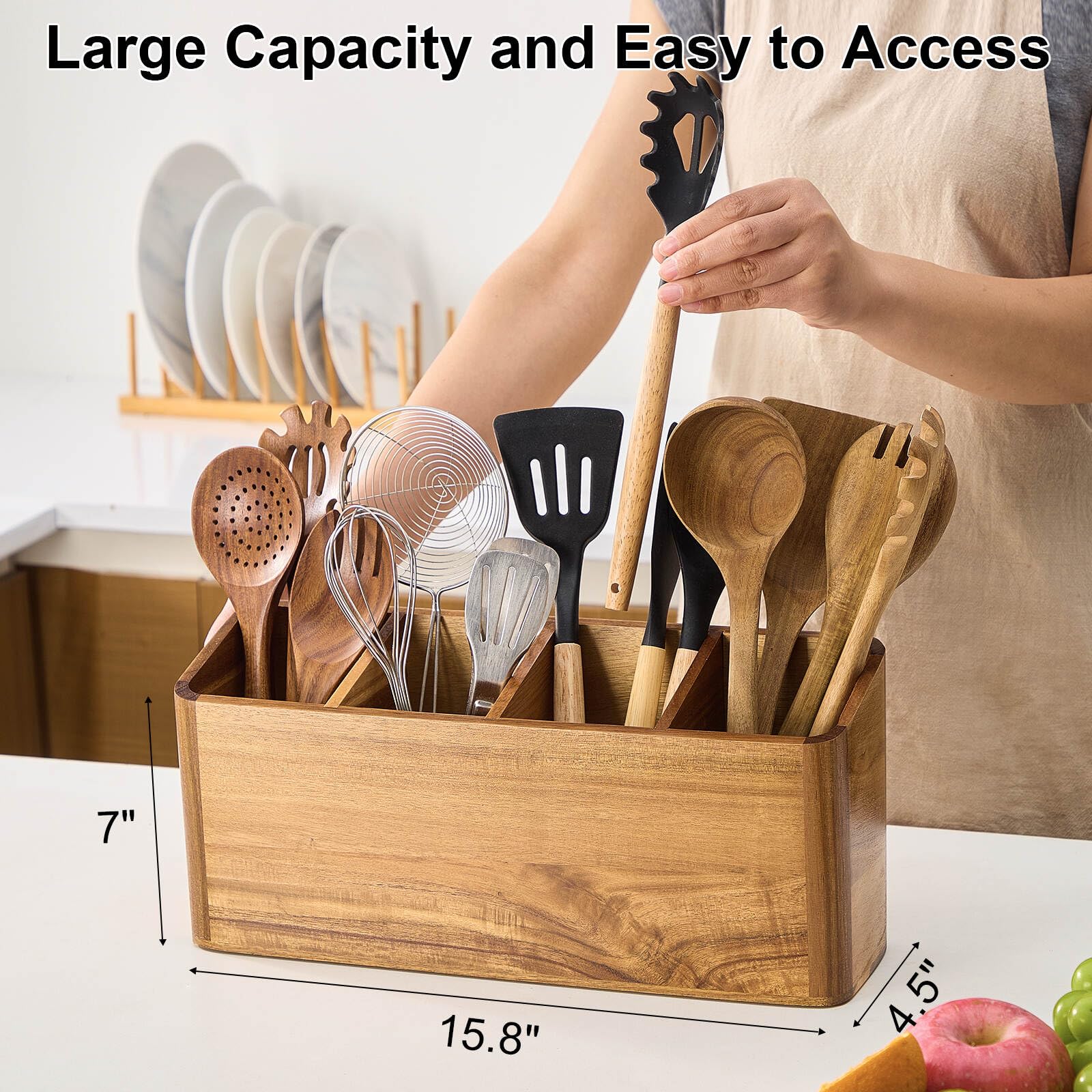 LOHONER acacia wood utensil holder on kitchen counter with natural rustic finish
