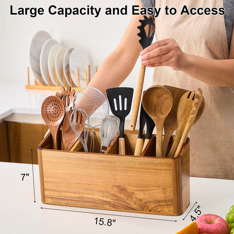 LOHONER acacia wood utensil holder on kitchen counter with natural rustic finish