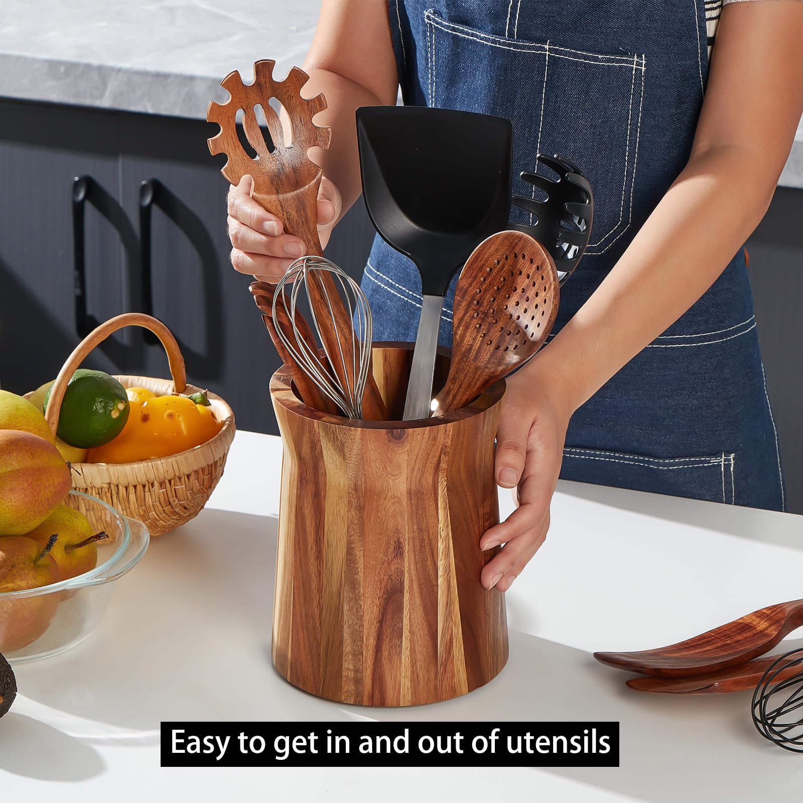 LOHONER acacia wood design blends with kitchen decor and resists wear.