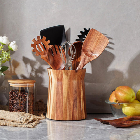 LOHONER counter top utensil holder with varnish finish highlights natural grain.