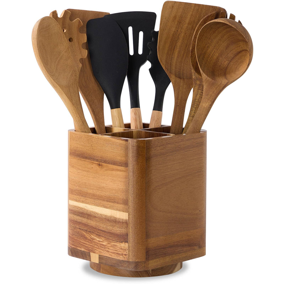 LOHONER wood utensil holder with 360° rotating base for easy reach.