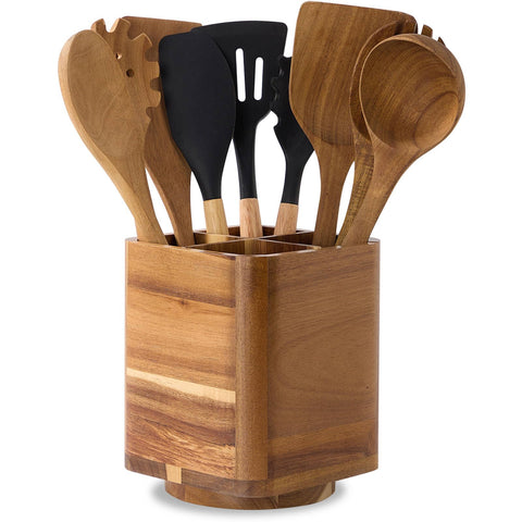 LOHONER wood utensil holder with 360° rotating base for easy reach.