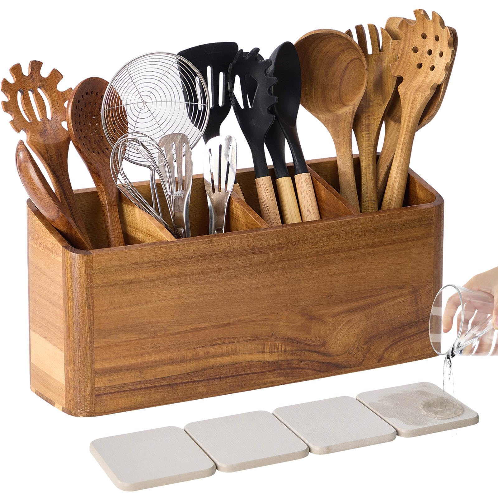 LOHONER wooden utensil holder front view with four compartments for organized counter storage
