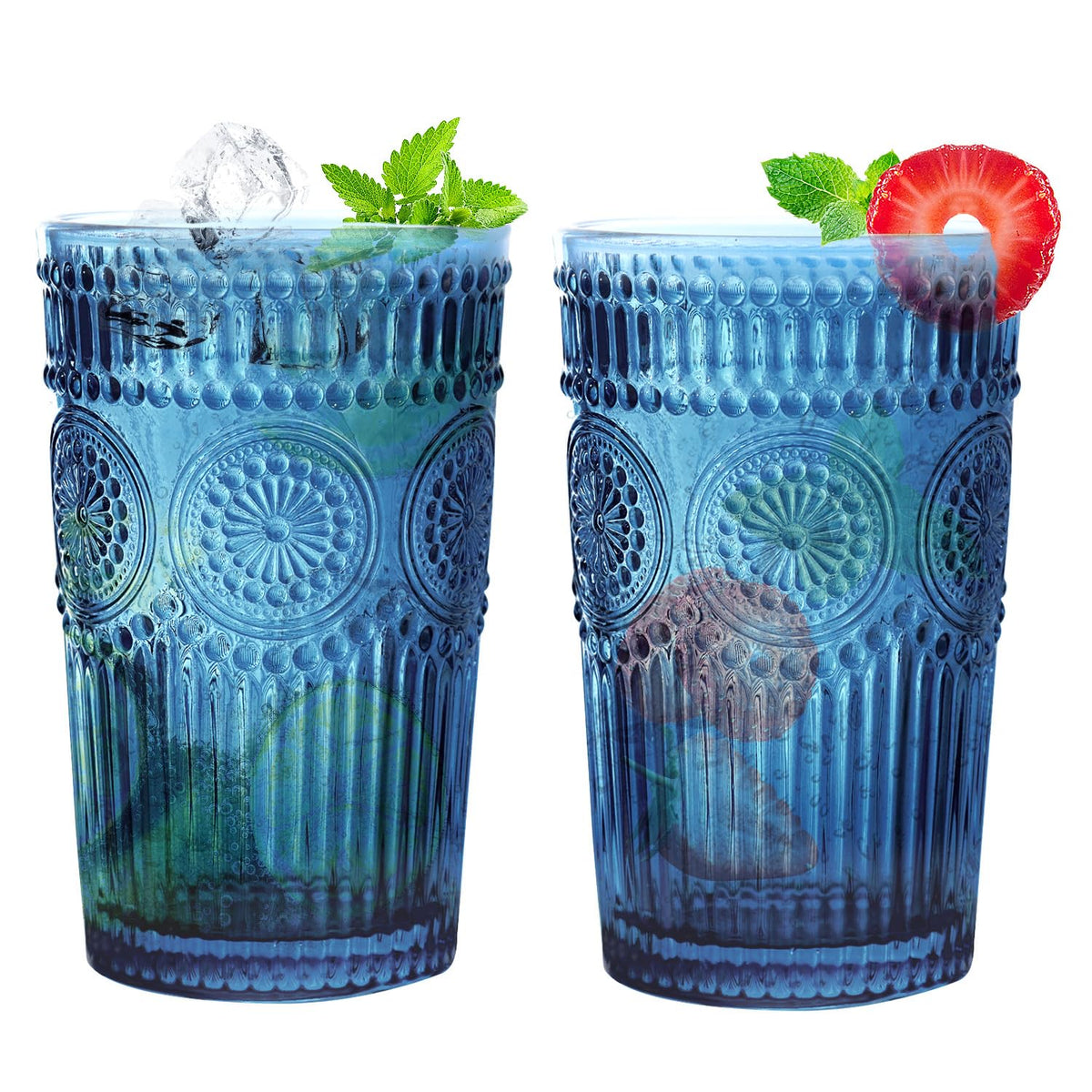 Loivttvv vintage drinking glasses 12oz blue are ideal for cocktails and water.