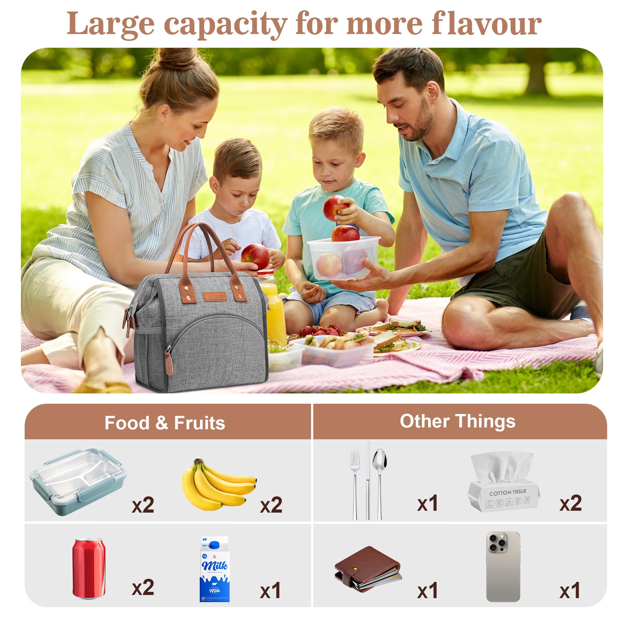 LOKASS insulated lunch bag grey reinforced handles for daily commuting