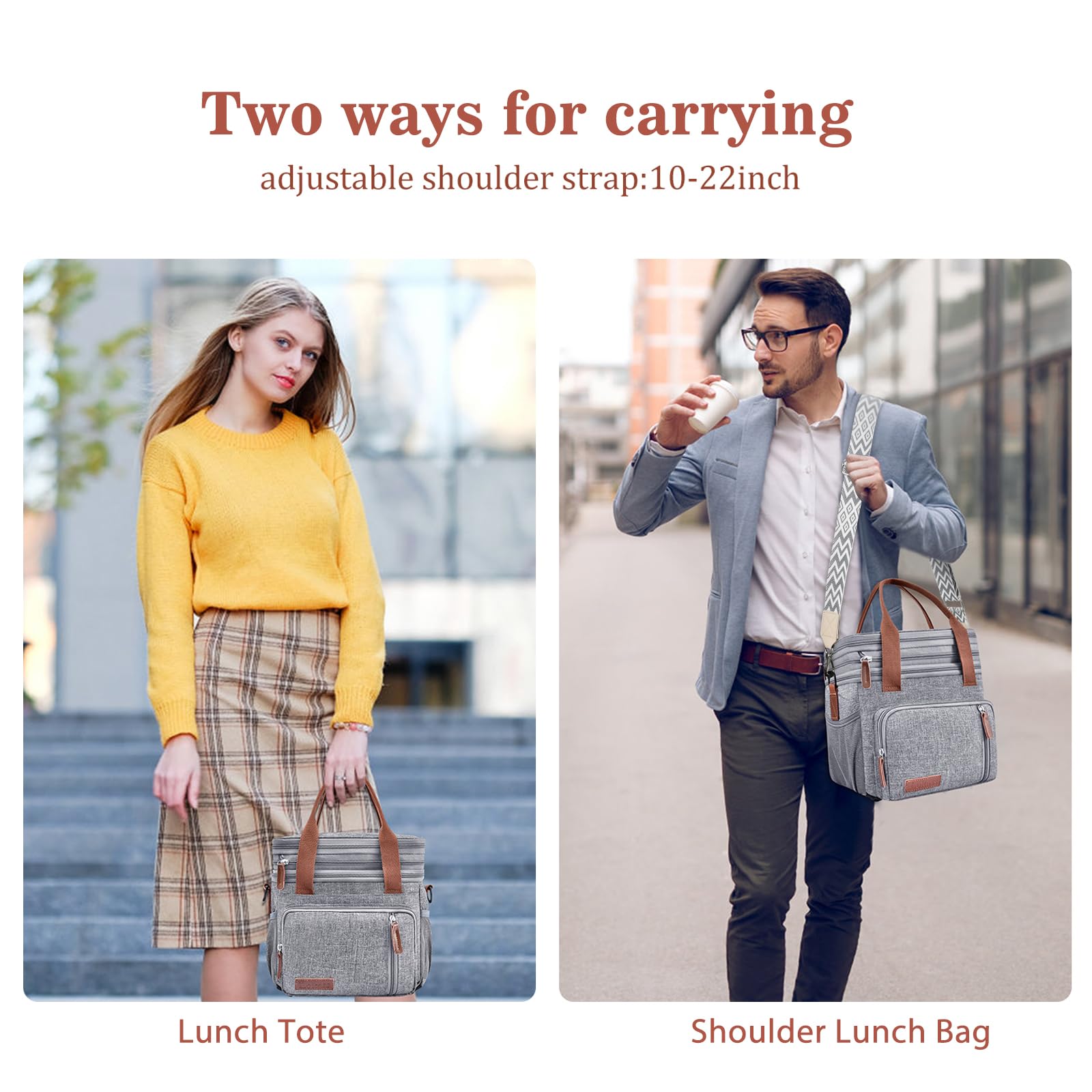 LOKASS lunch bag offers two carry options: hand carry and adjustable shoulder strap.
