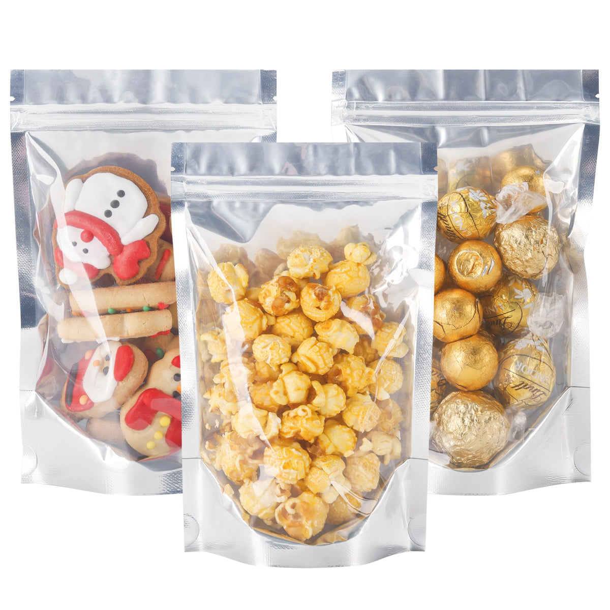 LOKQING 100-pack 5x8 bags with transparent front for display and stand-up use.