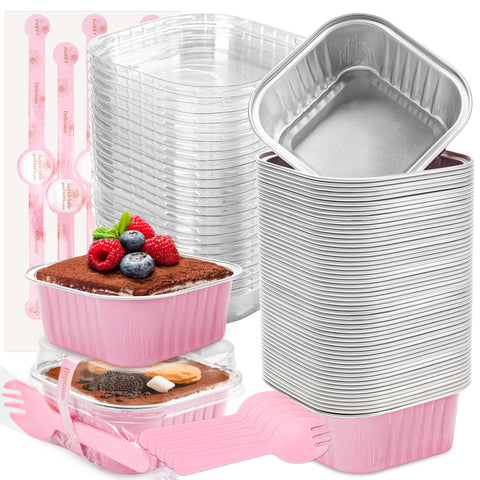 LOKQING 50-pack mini cake pans in pink with lids, ideal for gifting treats.
