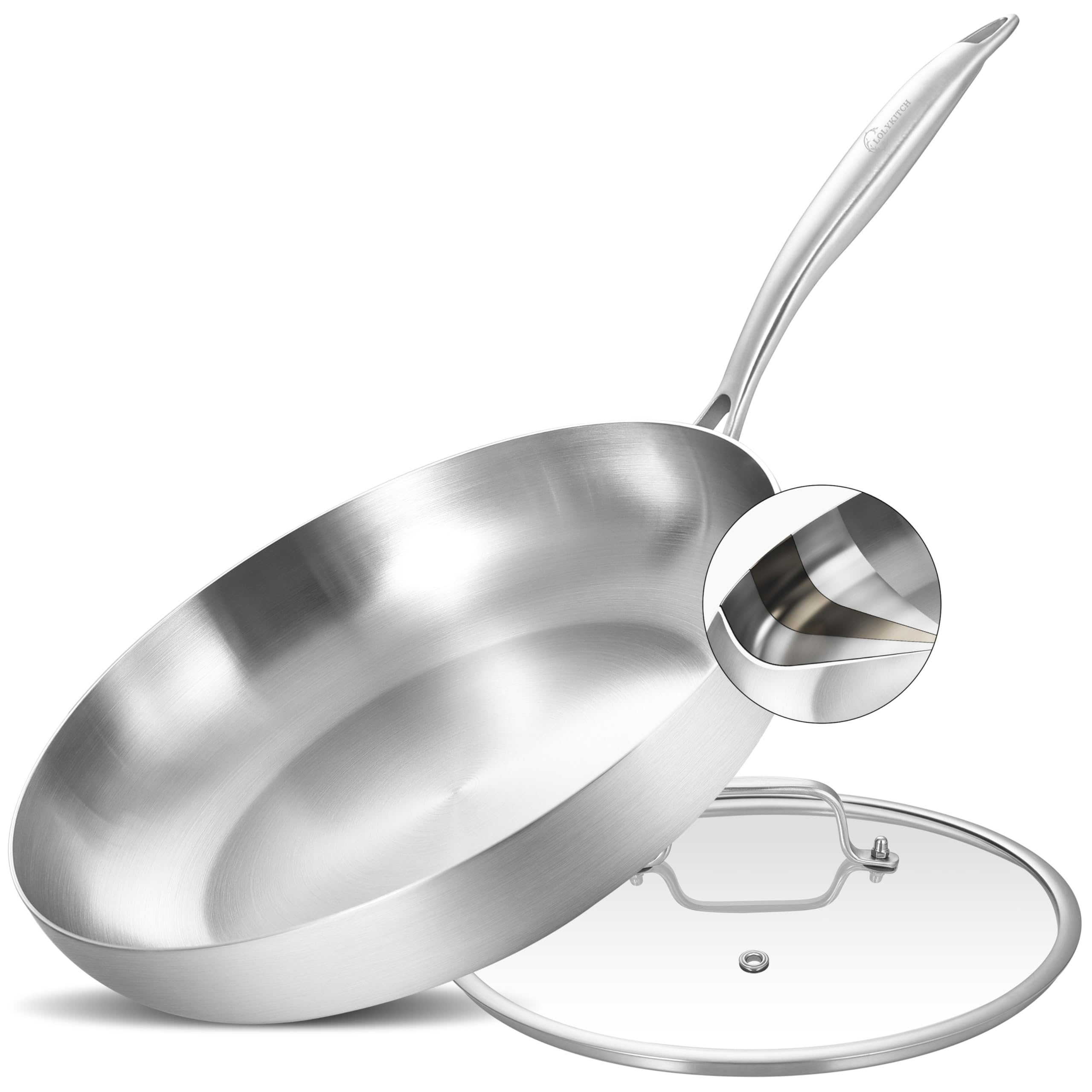 LOLYKITCH 12-inch tri-ply pan top view highlighting even heat distribution and durability.