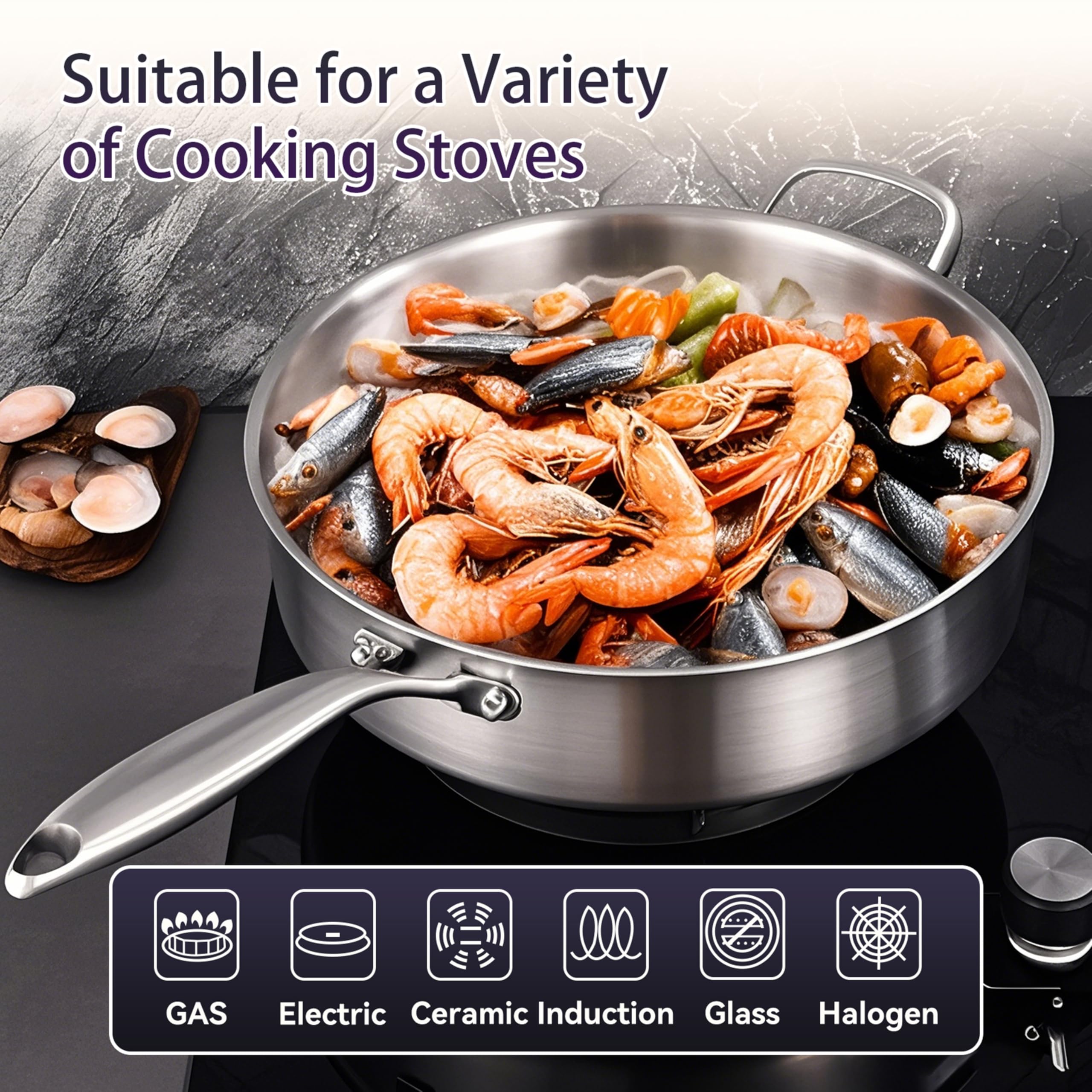 Lollykitch induction-ready pan works on all stoves for versatile cooking.