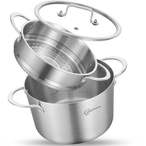 LOLYKITCH Tri-ply stock pot with steamer for even heat on induction stoves.