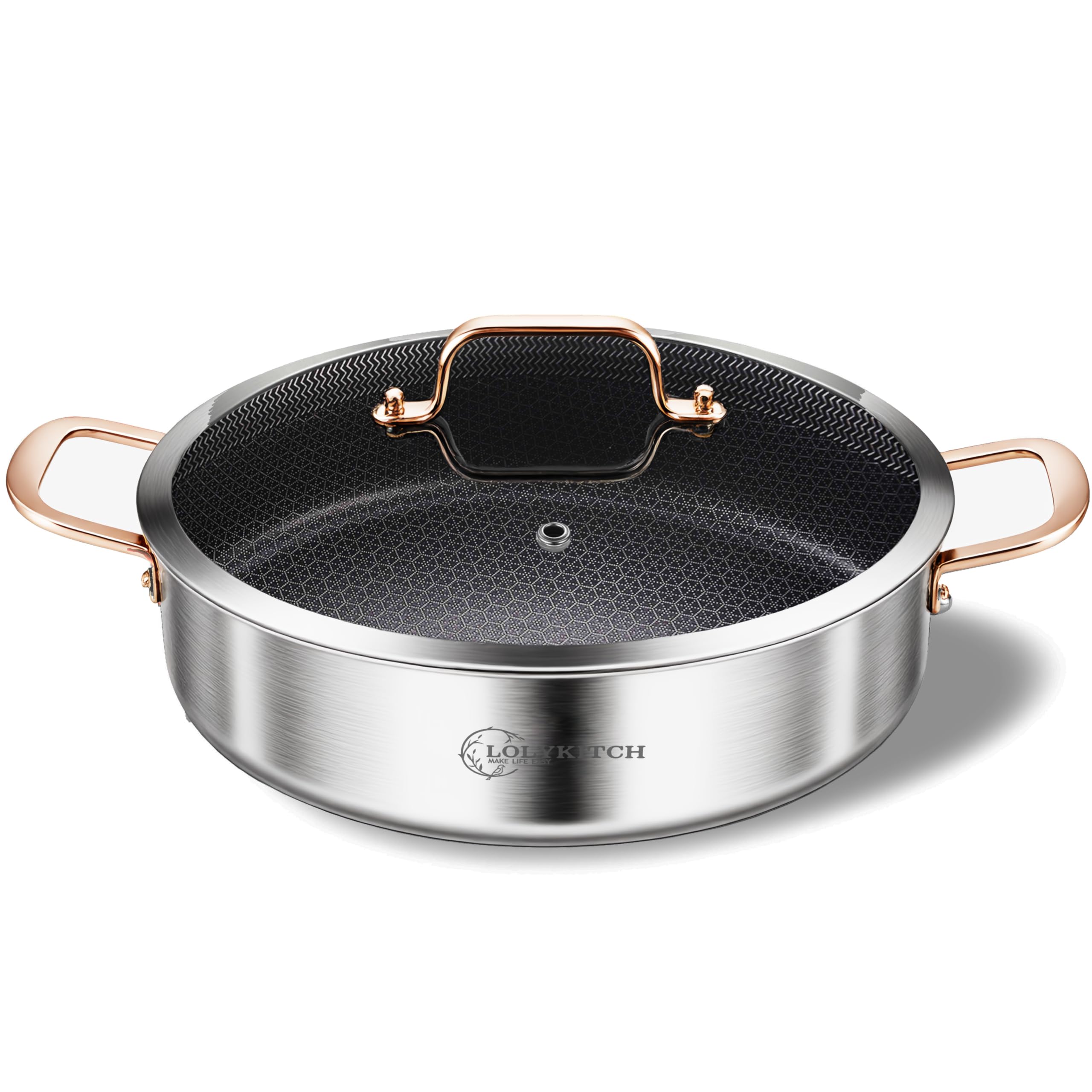 LOLykitch 6QT tri-ply saute pan with lid, top view, for even heating and family meals.