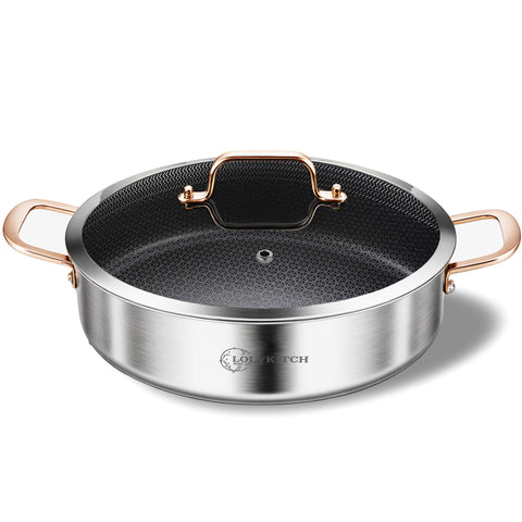 LOLykitch 6QT tri-ply saute pan with lid, top view, for even heating and family meals.