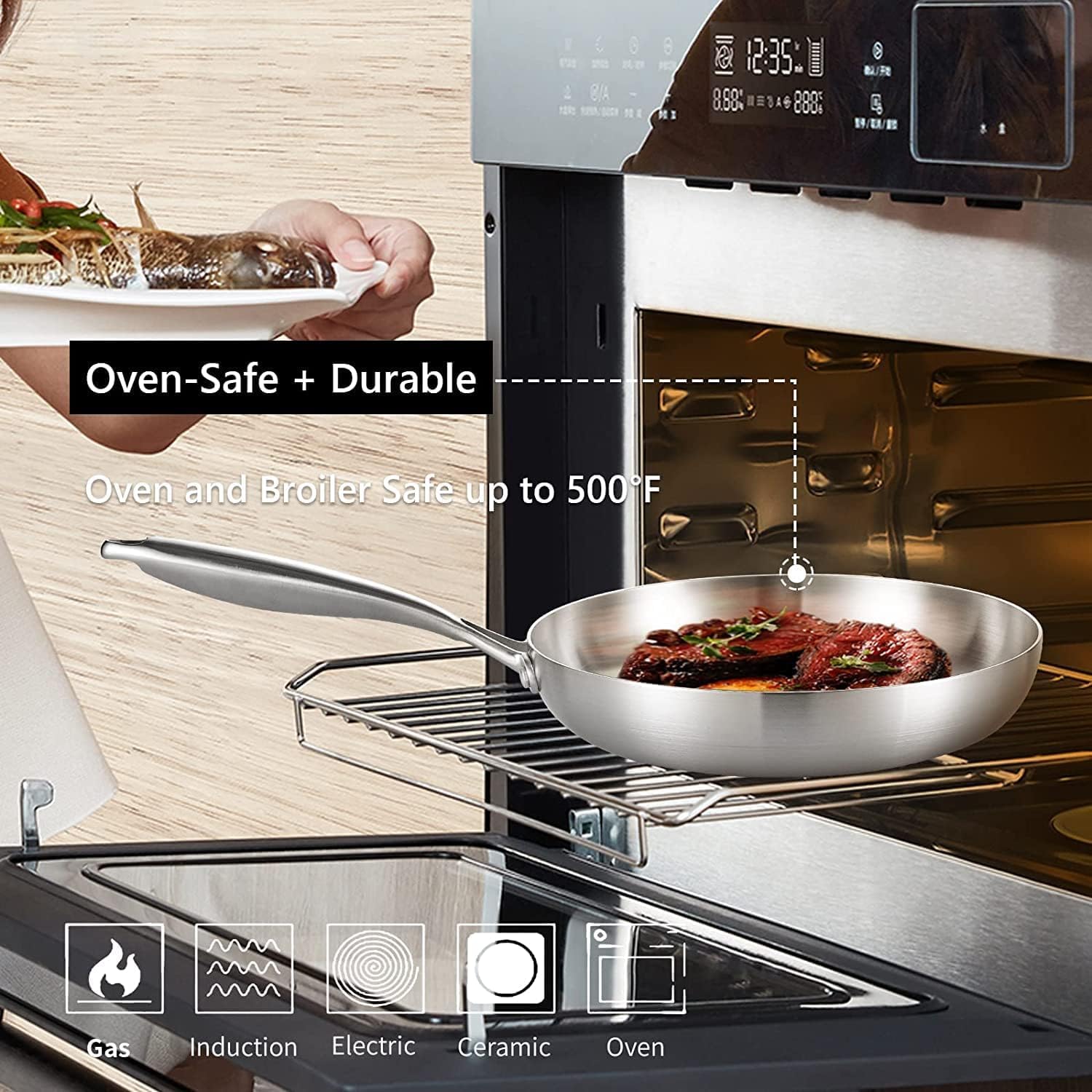 LOLYKITCH induction-compatible stainless steel pan enables versatile stovetop use.