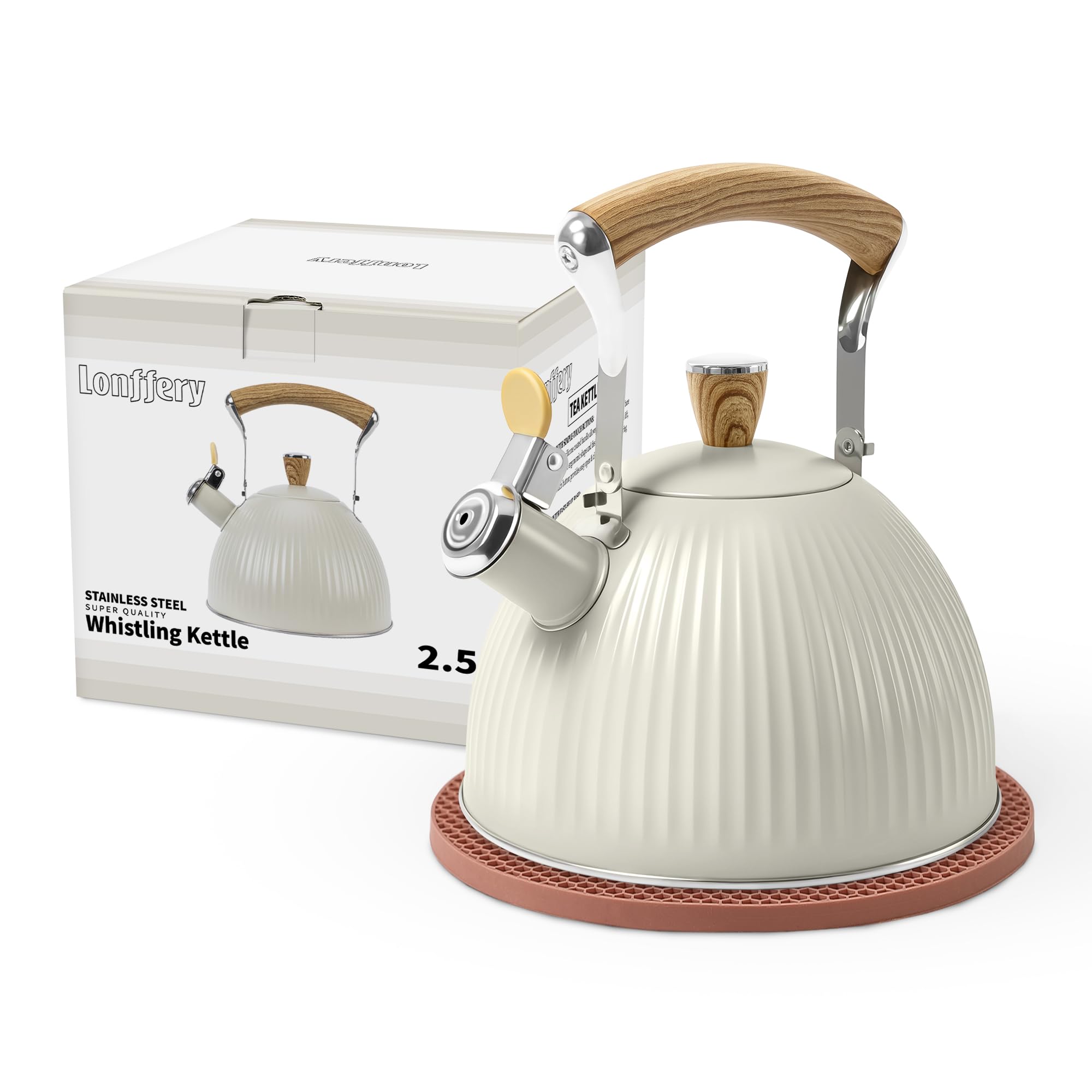 Lonffery cream-bodied tea kettle on stove top for quick, even heating and convenient daily tea.