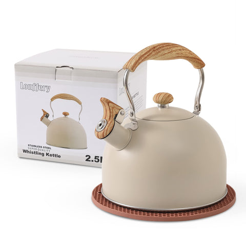 Lonffery tea kettle in creamy color on stove top, ready for hot water quickly.