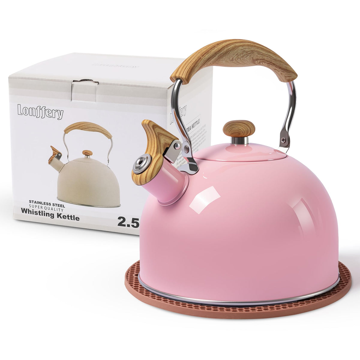 Lonffery pink tea kettle with wood-pattern handle for safe, confident pouring