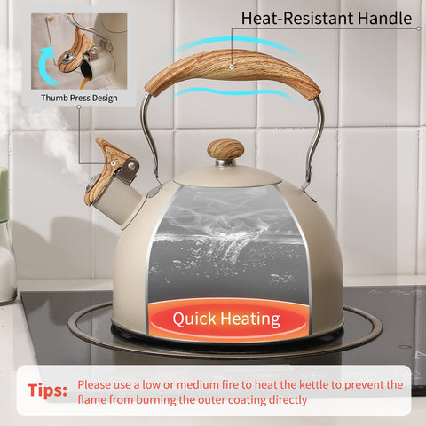 Lonffery two-point-five-quart kettle, ready to serve multiple cups.