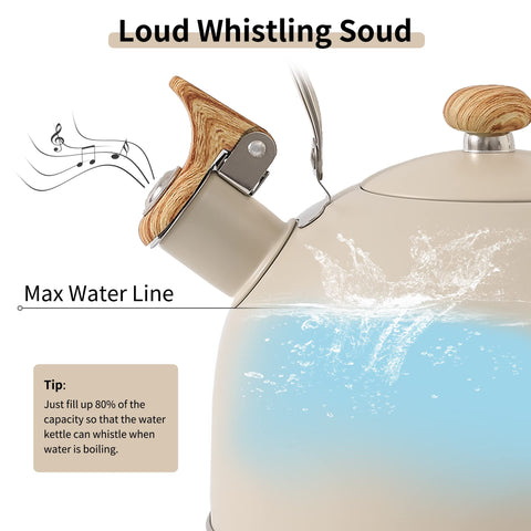 Lonffery kettle with wood-pattern folding handle for easy lifting.