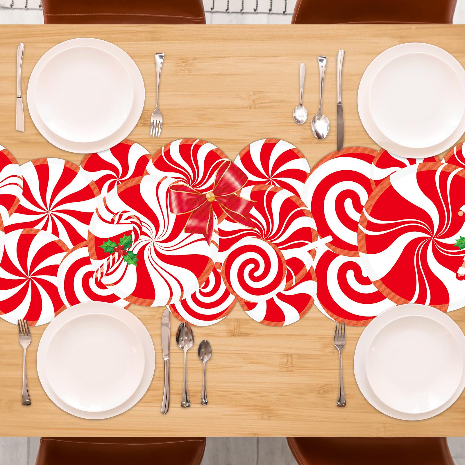Lonfliness candy cane motif runner protects tabletops while brightening dining spaces