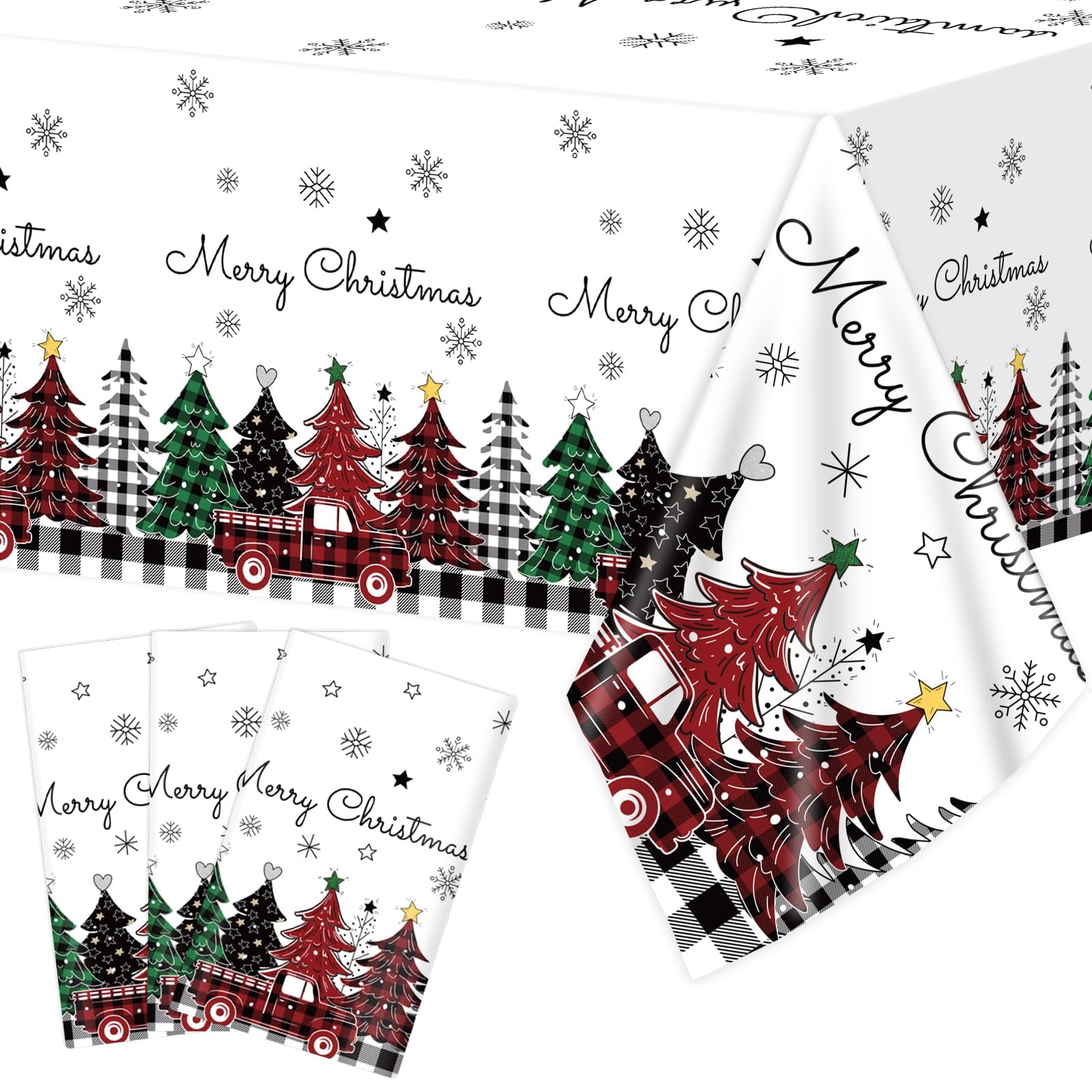 Lonfliness Christmas tree buffalo plaid tablecloth; festive holiday gatherings.