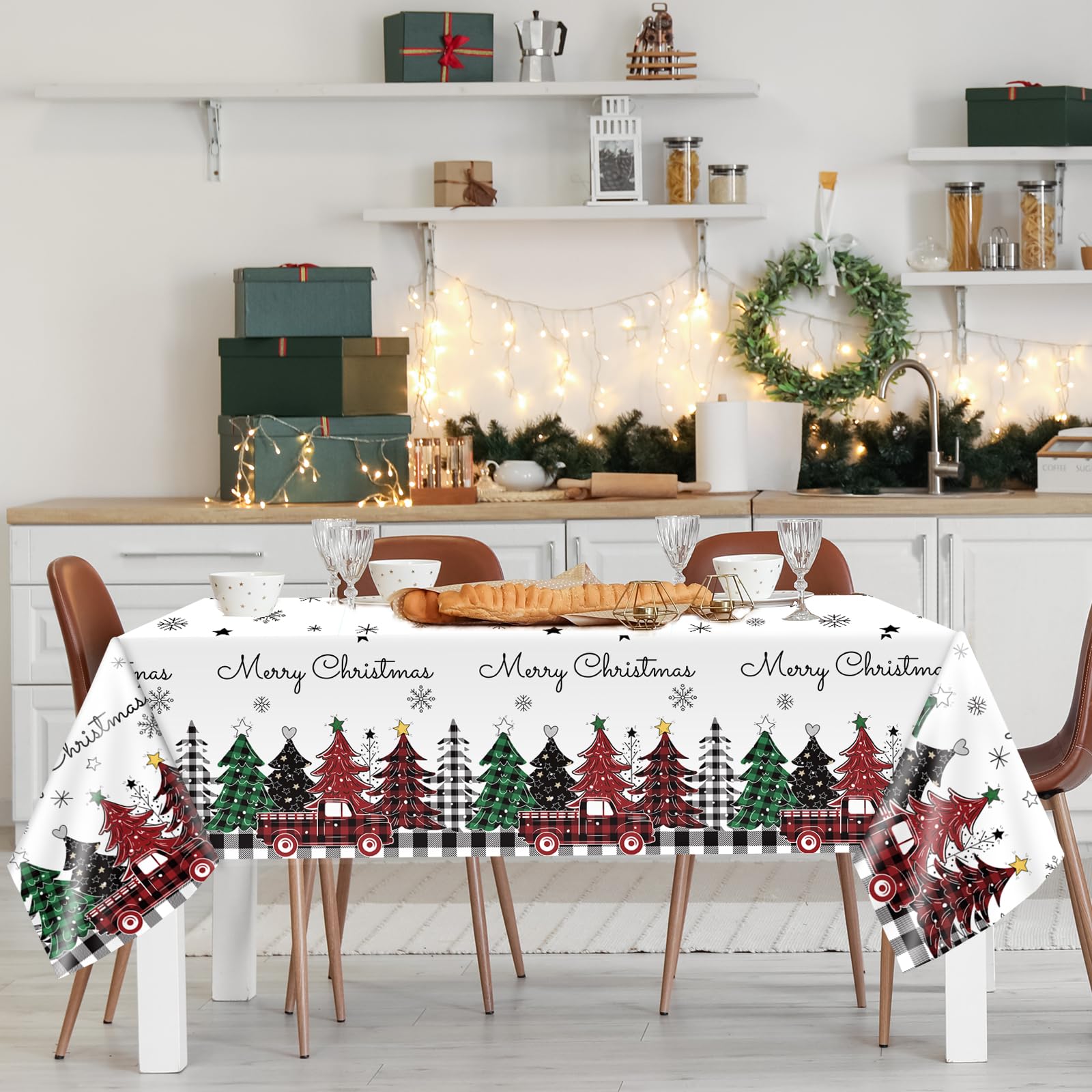 Lonfliness Merry Christmas text tablecloth; adds cheerful holiday branding.