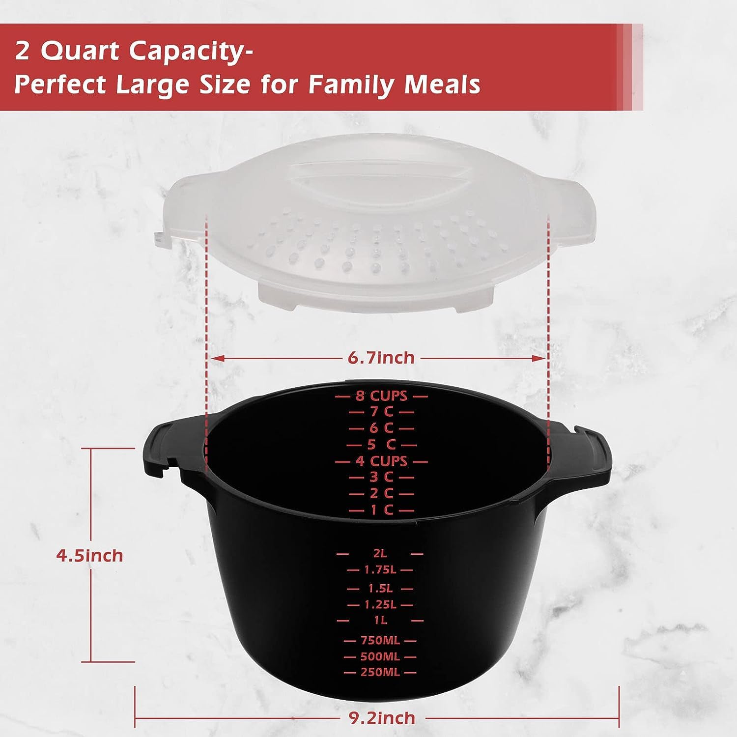 Longmann 2-qt steamer shows measurement marks for easy cooking.
