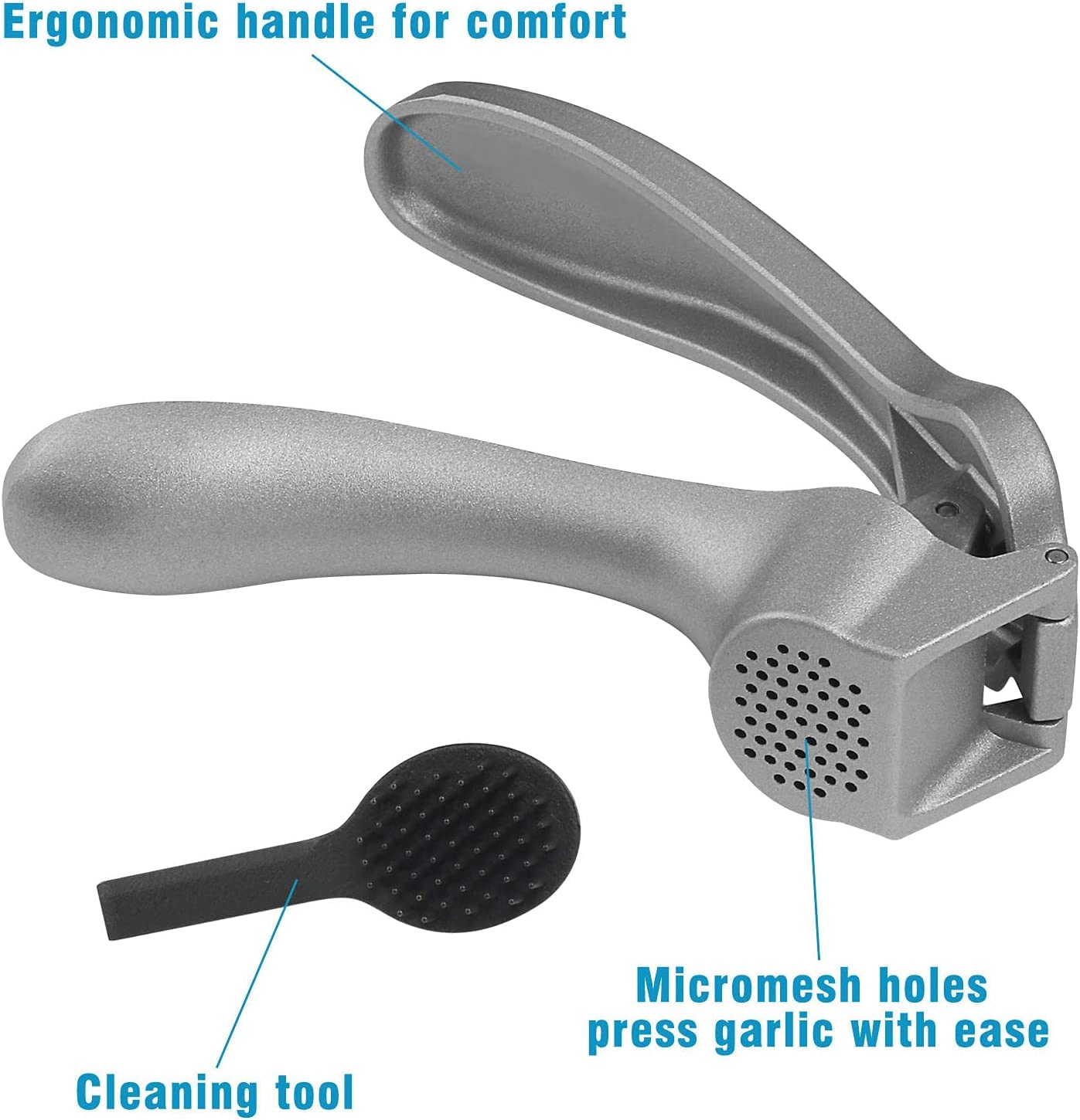 Longmann garlic press demonstrating effortless mincing of unpeeled garlic cloves.