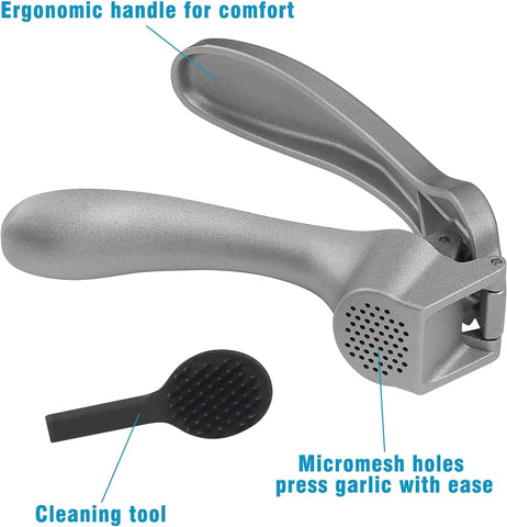 Longmann garlic press demonstrating effortless mincing of unpeeled garlic cloves.