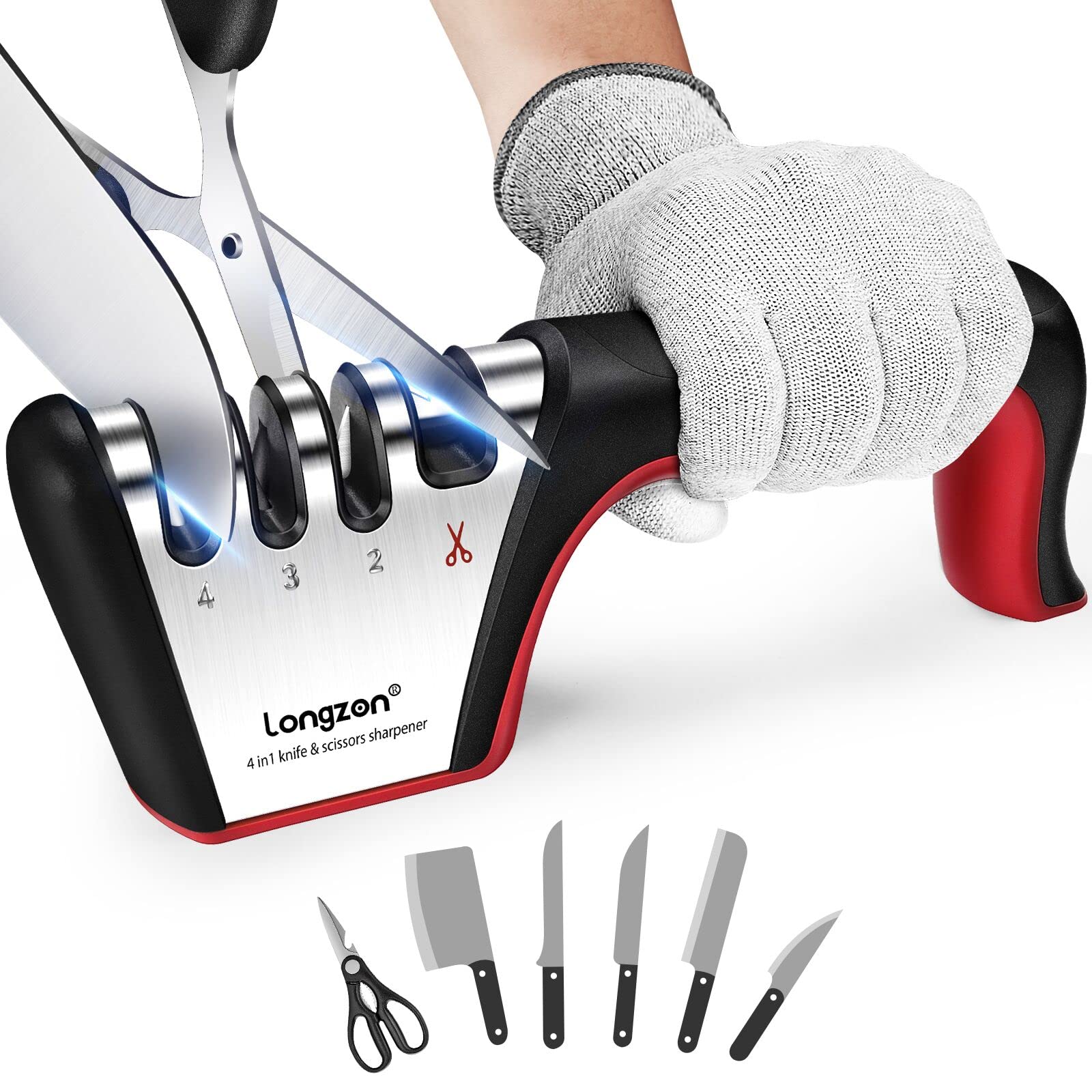 Longzon 4-in-1 sharpener stage 1 sharpens dull blades quickly for everyday kitchen use.