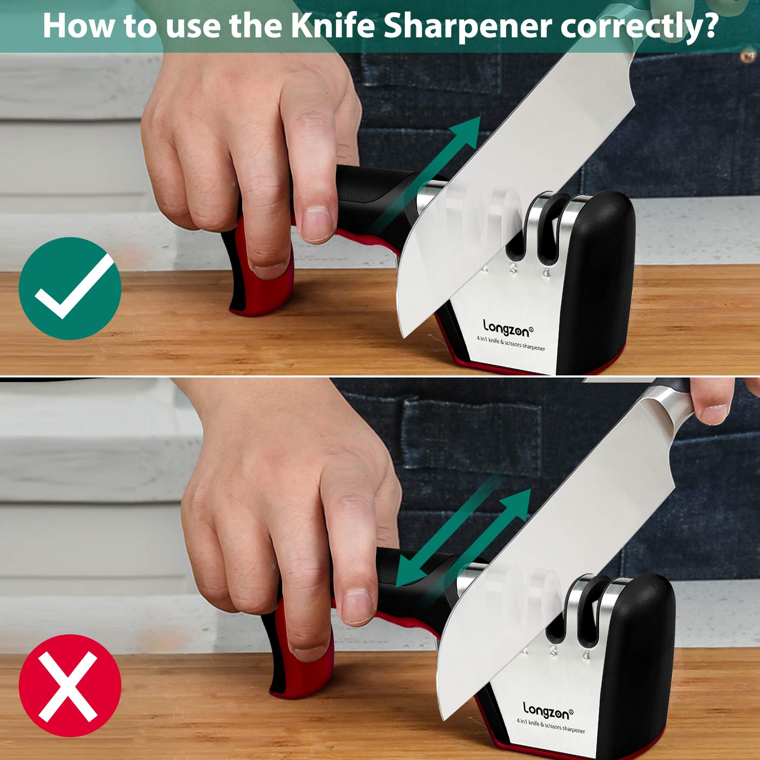Longzon 4-in-1 sharpener stage 3 restores balanced edge for daily kitchen knives.