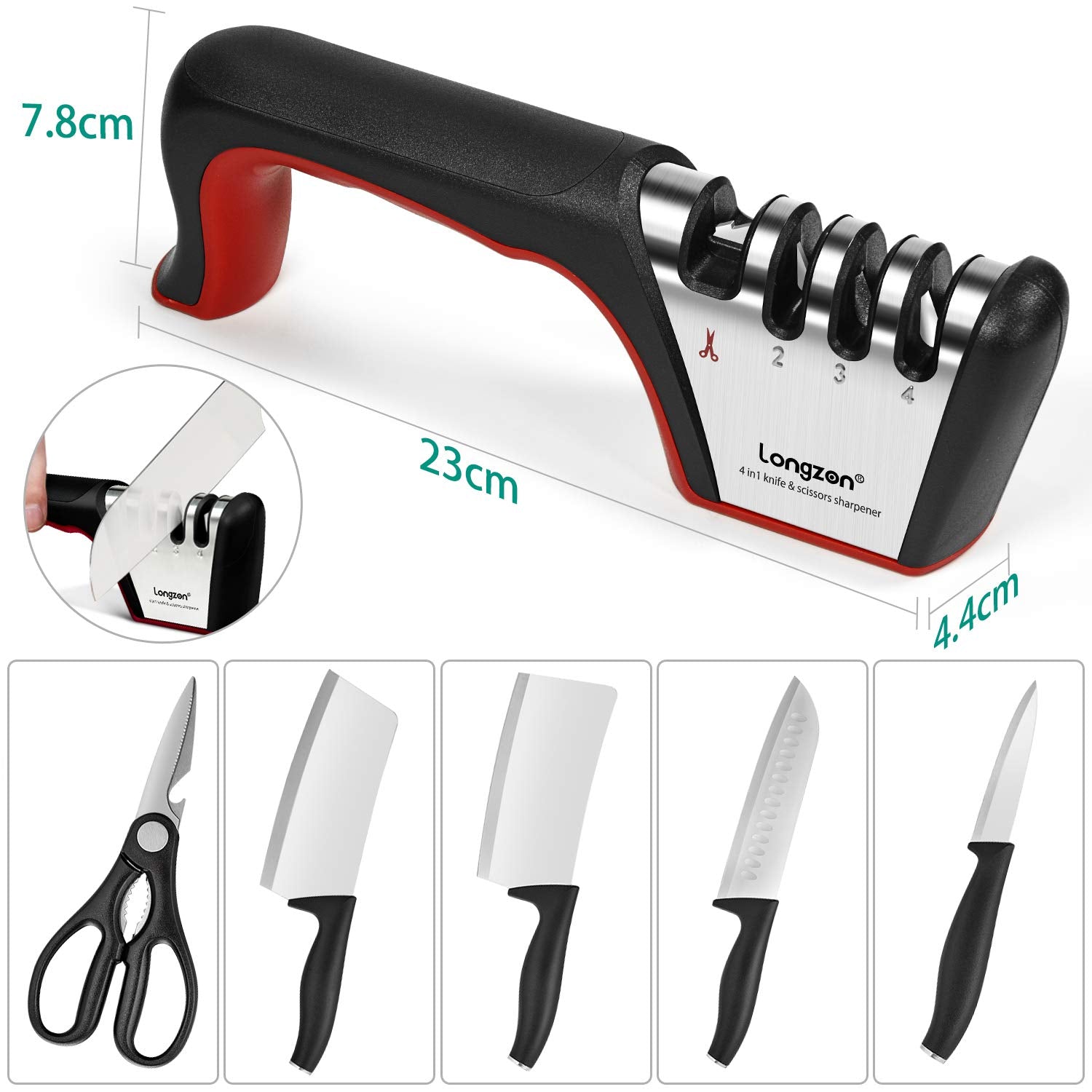 Longzon 4-in-1 sharpener stage 4 sharpens scissors with a clean, smooth cut.