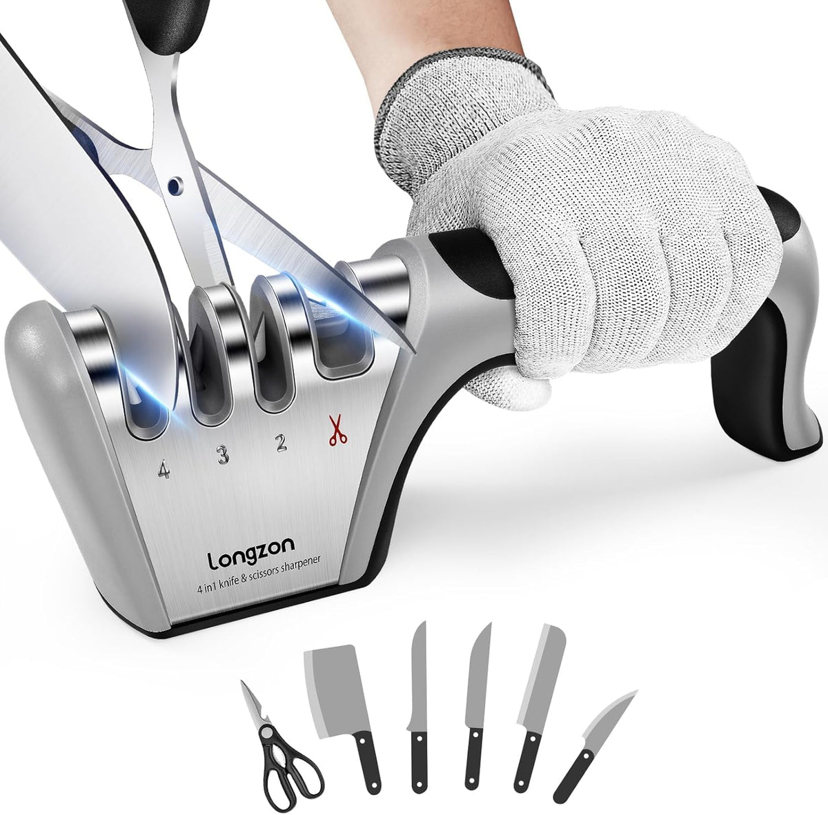 Longzon 4-in-1 sharpener stage setup sharpens blades precisely across knife types.