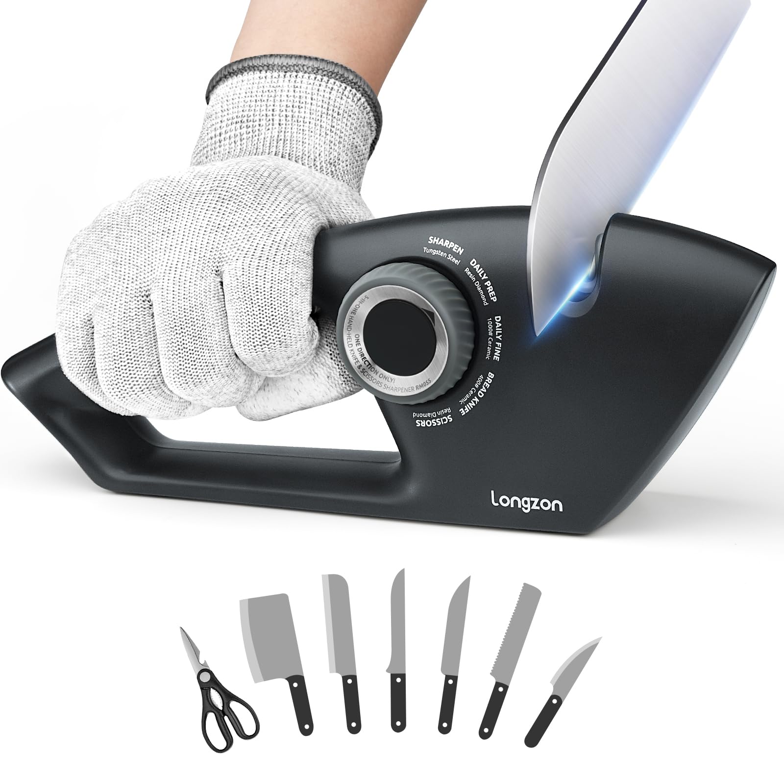 Longzon 5-in-1 sharpener stage-notches for precise blade maintenance.